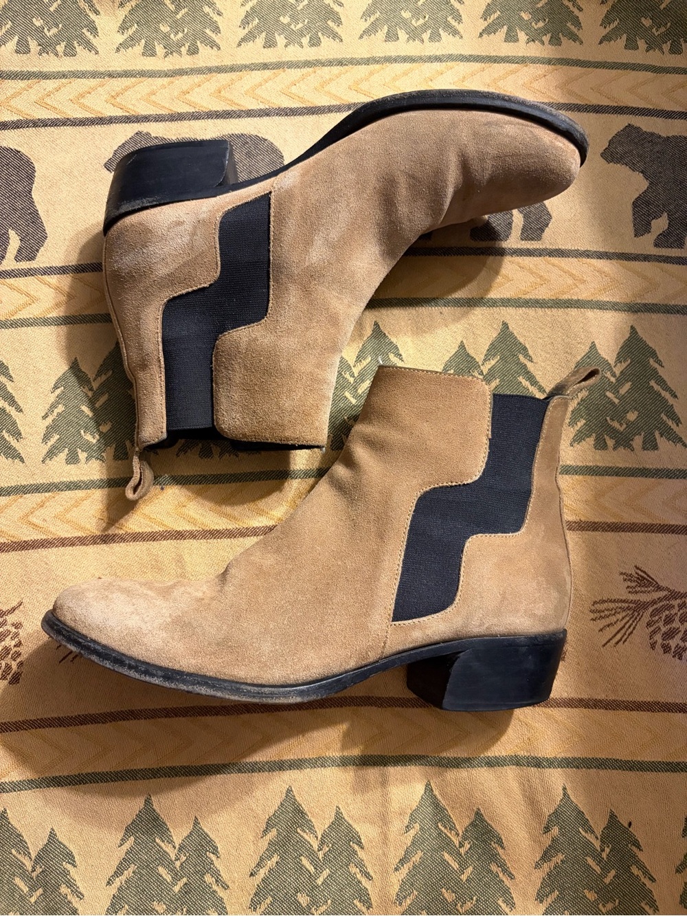 Pierre Hardy Gipsy Suede Tan Chelsea Booties with Black Elastic Insets